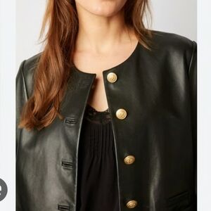 Vera Pelle Women Black Leather Jacket Made In Italy Crewneck Gold Button Sz44